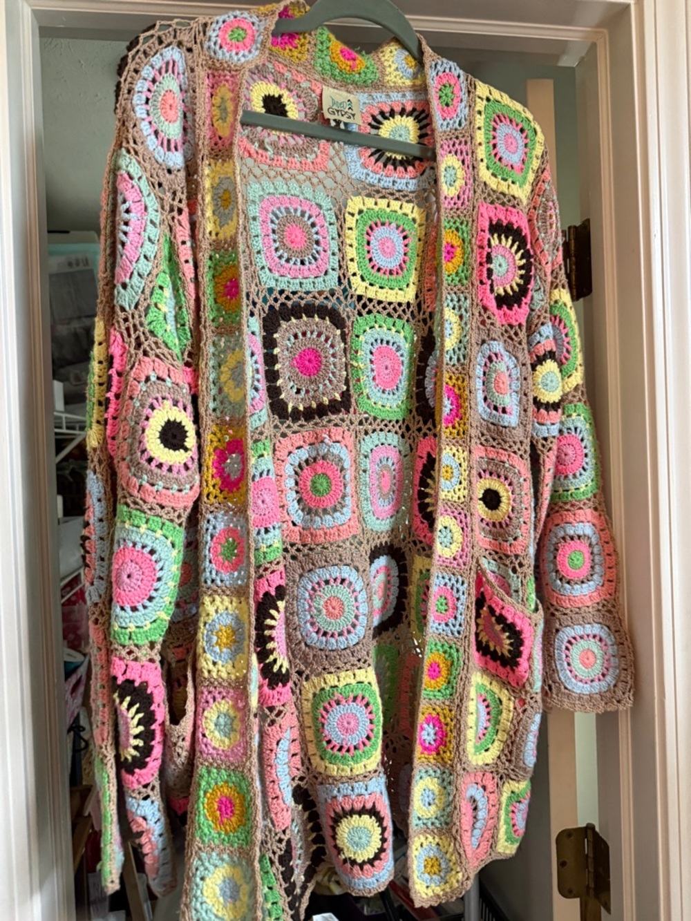 Jaded Gypsy Cuddle Up Crochet Granny Square Open Cardigan Sweater